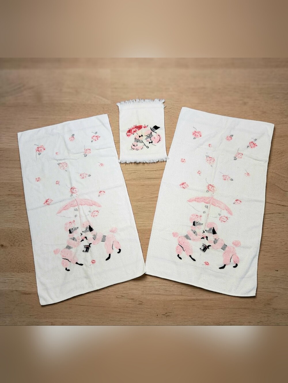 Vintage 50s Cannon French Poodle Roses Towel Set Of 3 Pink White Parasol Cotton